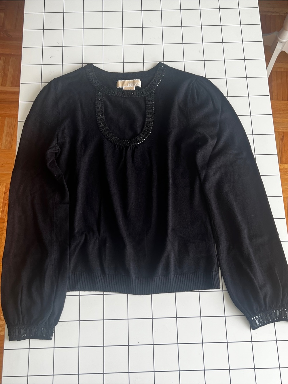 Michael Kors Black Beaded Neck Sweater With Puff Sleeve NWOT Size SP